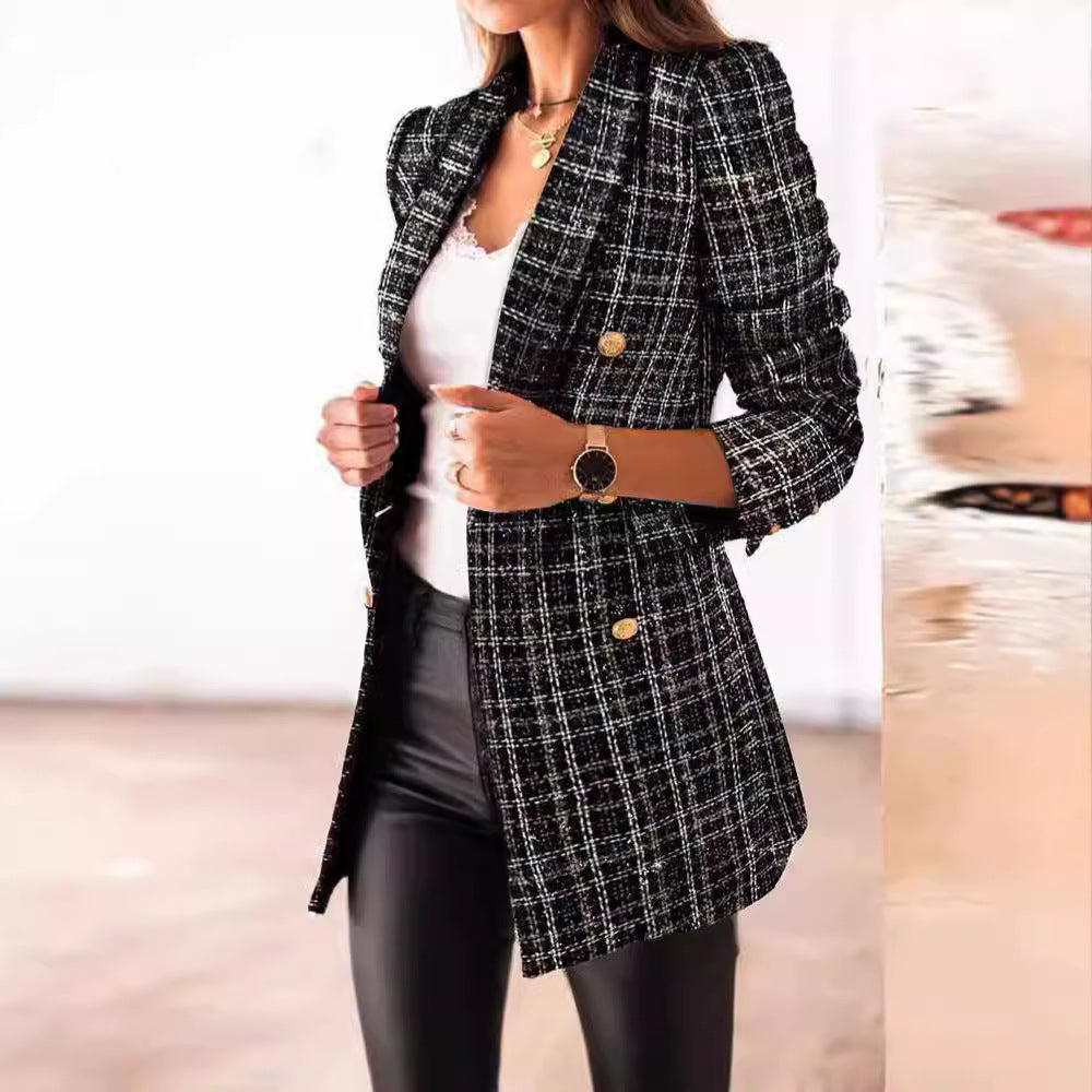 Damen nan taillierter kariert langer Blazer mit Doppelreiher und Schulterpolstern Echo Archiv