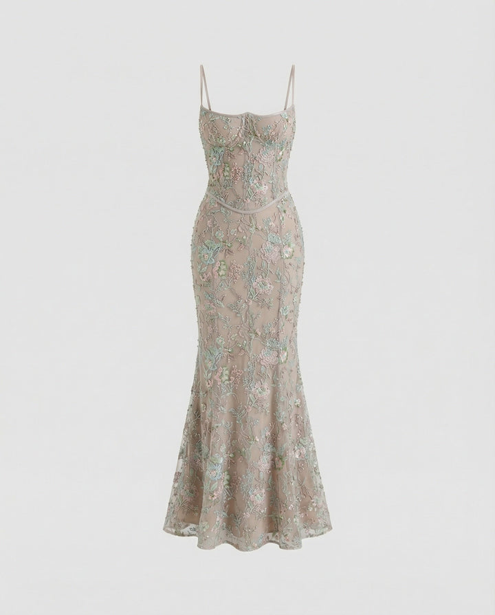 Abendkleid lang mit Spitze und Stickerei