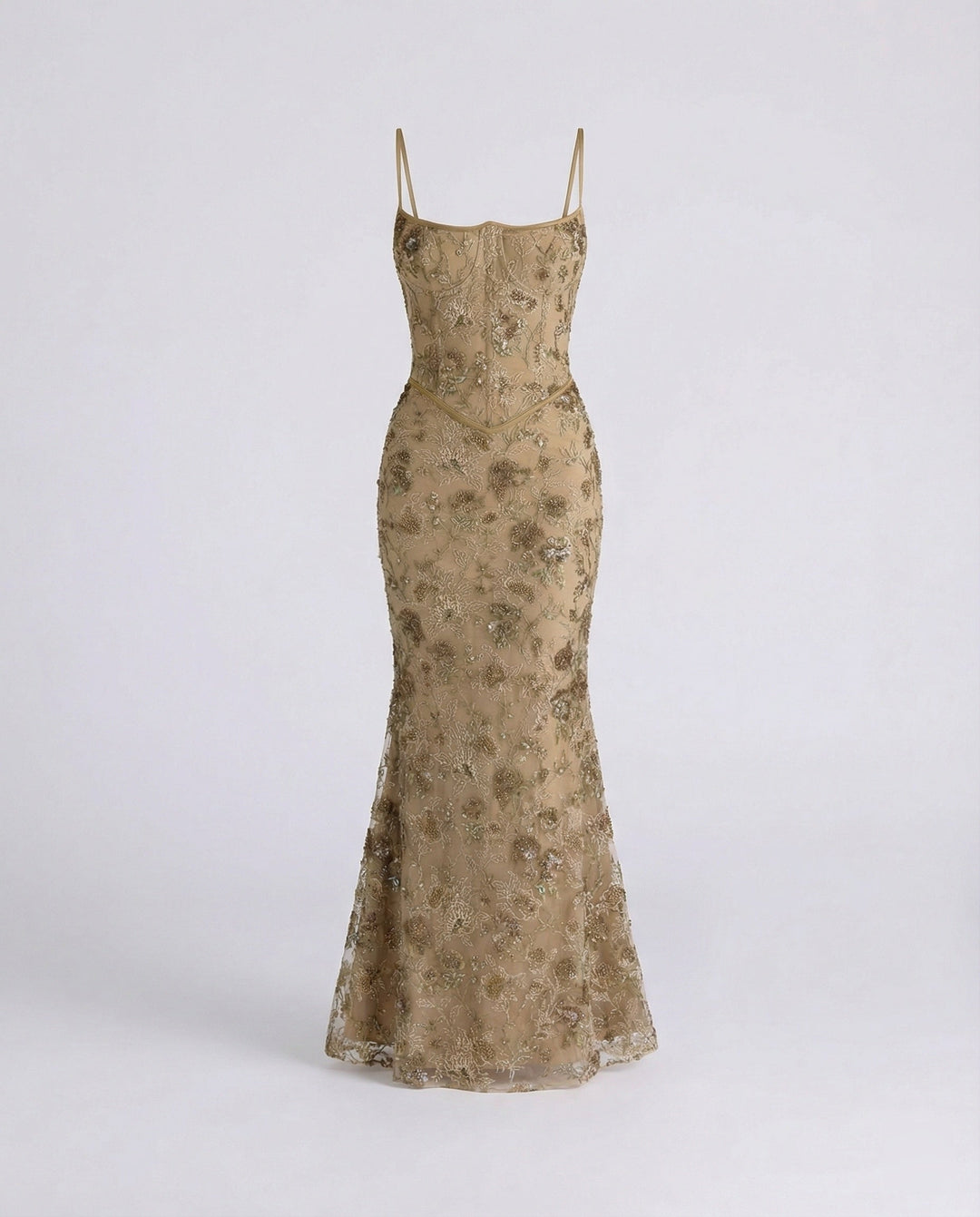 Abendkleid lang mit Spitze und Stickerei