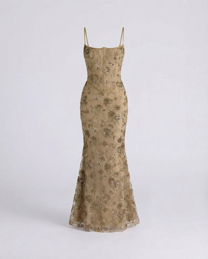 Abendkleid lang mit Spitze und Stickerei