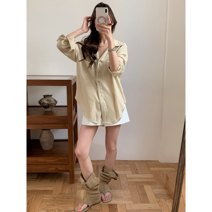 Damen Lässiges Leinenoptik-Longshirt mit Oversize-Schnitt und Brusttasche Echoarchiv
