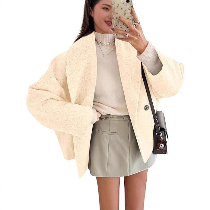 Damen oversized Teddyjacke mit großem Schalkragen und Ein-Knopf-Verschluss – Célinea