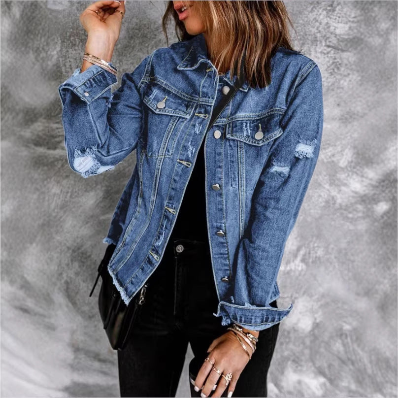 Damen Jeansjacke mit lässigen Destroyed-Ärmeln und rohem Saum Echo Archiv