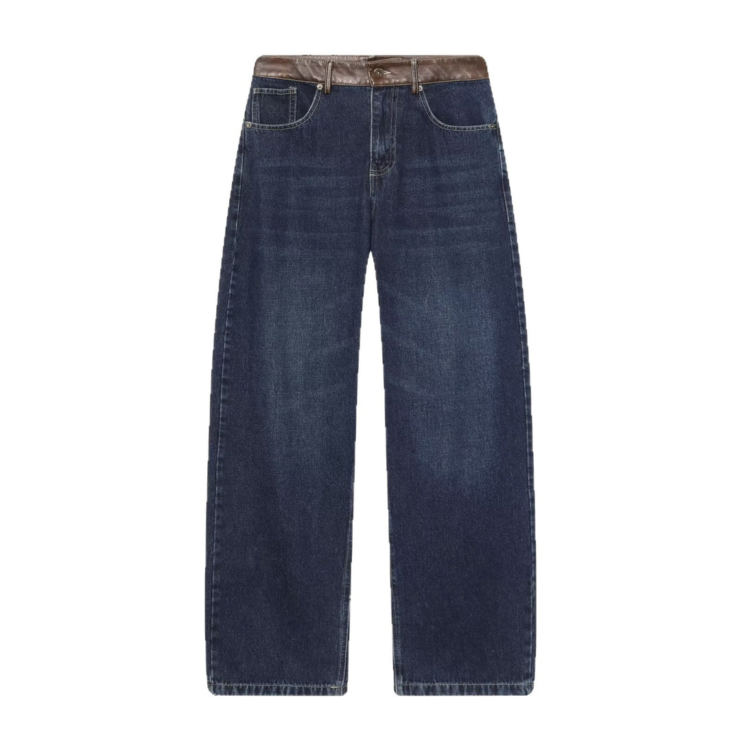 Damen hochgeschnittene Jeans mit weitem Bein und Lederbesatz am Bund Echoarchiv