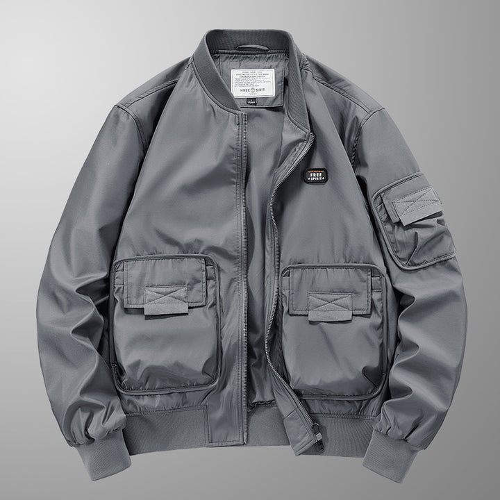 Herren Leichte Nylon-Bomberjacke im Utility‑Stil mit großen Fronttaschen und Ärmeltasche – Brevano