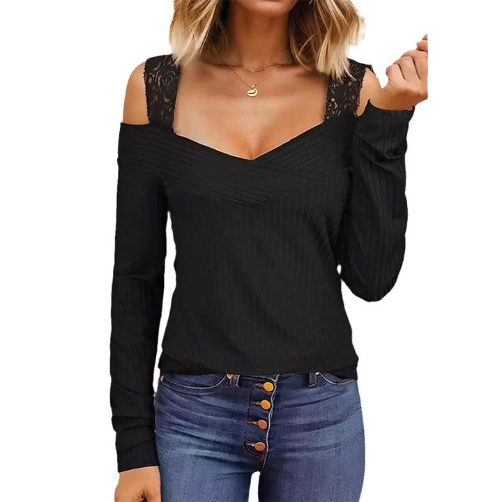 Damen Schulterfreies Langarmshirt mit V-Ausschnitt und Spitzen-Trägern – Avérine