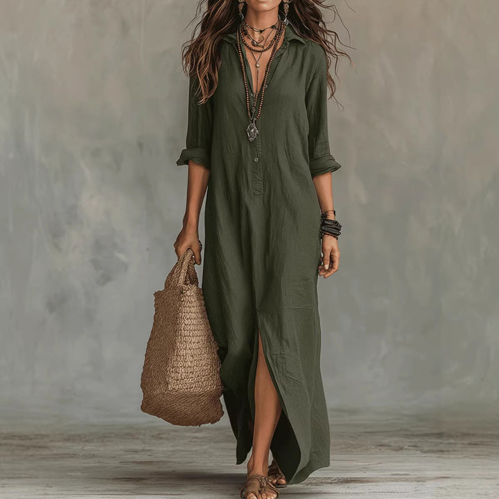 Damen Langes Hemdkleid mit Knopfverschluss und seitlichem Schlitz Echoarchiv