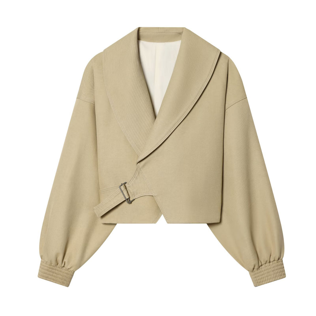 Damen Cropped-Manteljacke mit weitem Schalkragen, Taillenriegel und Ballonärmeln Echo Archiv
