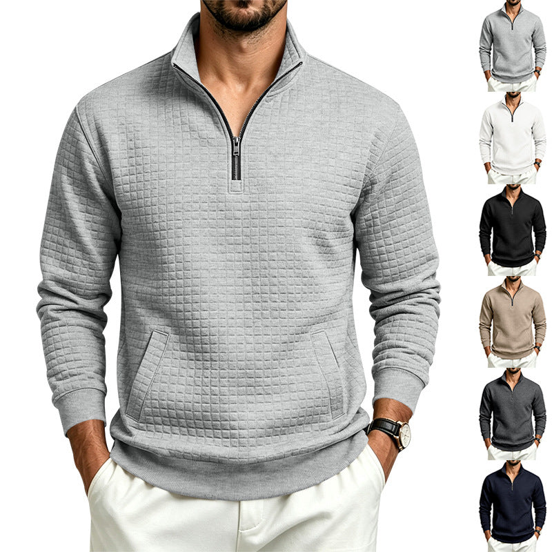 Herren Strukturiertes Stehkragen-Halbzip-Sweatshirt mit Karomuster und Kängurutasche Echoarchiv
