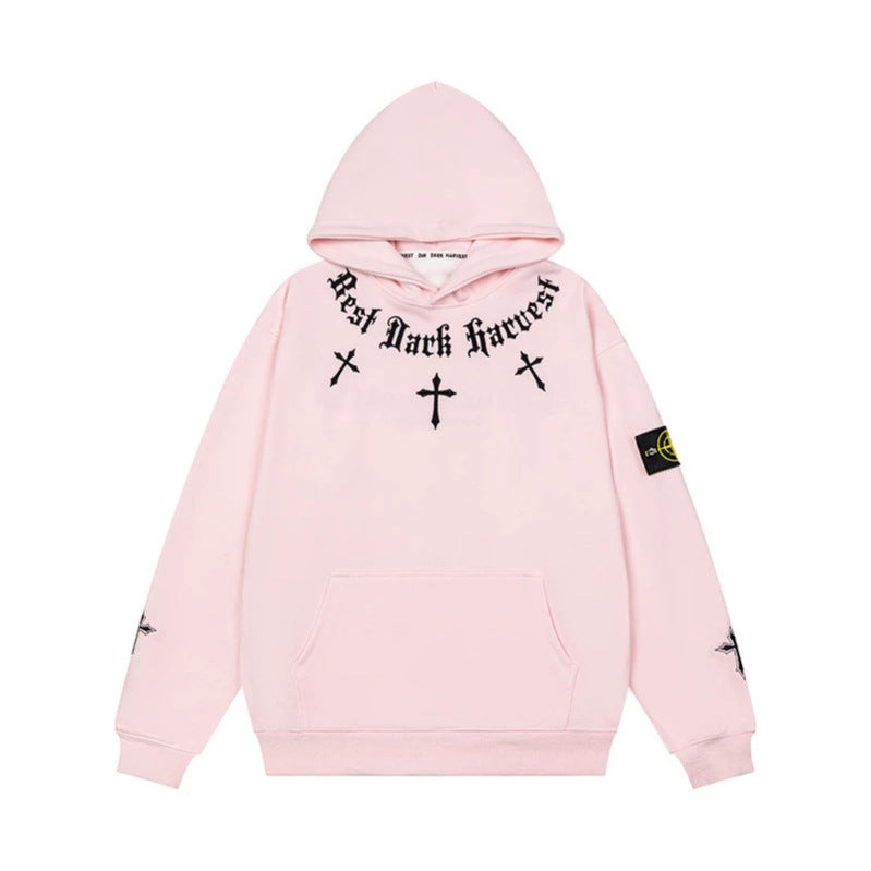 Unisex Oversize Kapuzenpullover mit Gothic-Kreuz-Print, Kängurutasche und Rippbündchen Echoarchiv