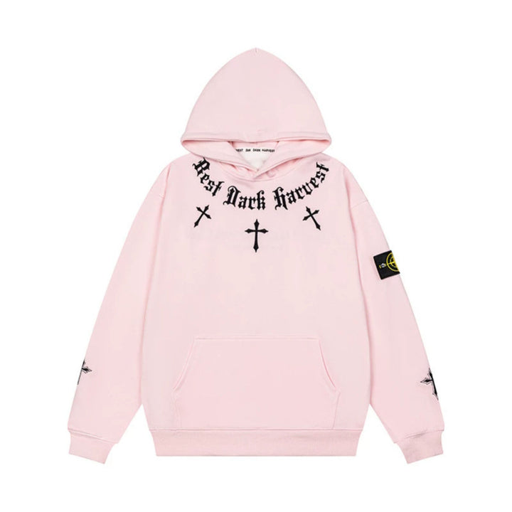 Unisex Oversize Kapuzenpullover mit Gothic-Kreuz-Print, Kängurutasche und Rippbündchen Echoarchiv