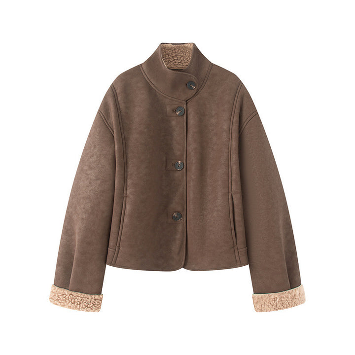 Damen kurze Lammfelloptik-Jacke mit hohem Stehkragen und geknöpfter Front – Célinea