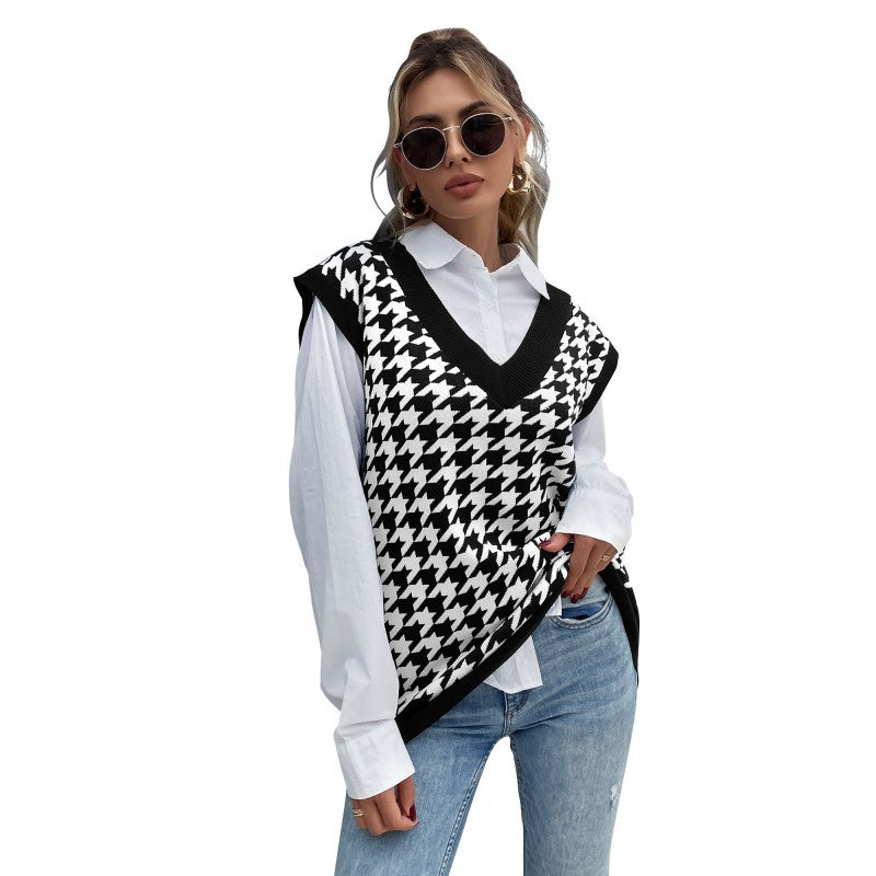 Damen Oversize Strickweste mit Hahnentrittmuster und V-Ausschnitt Echoarchiv