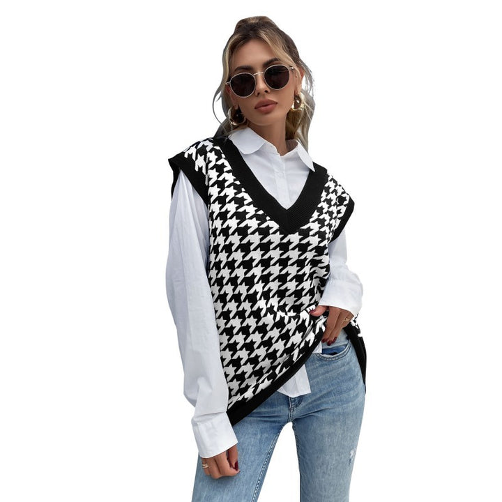 Damen Oversize Strickweste mit Hahnentrittmuster und V-Ausschnitt Echoarchiv