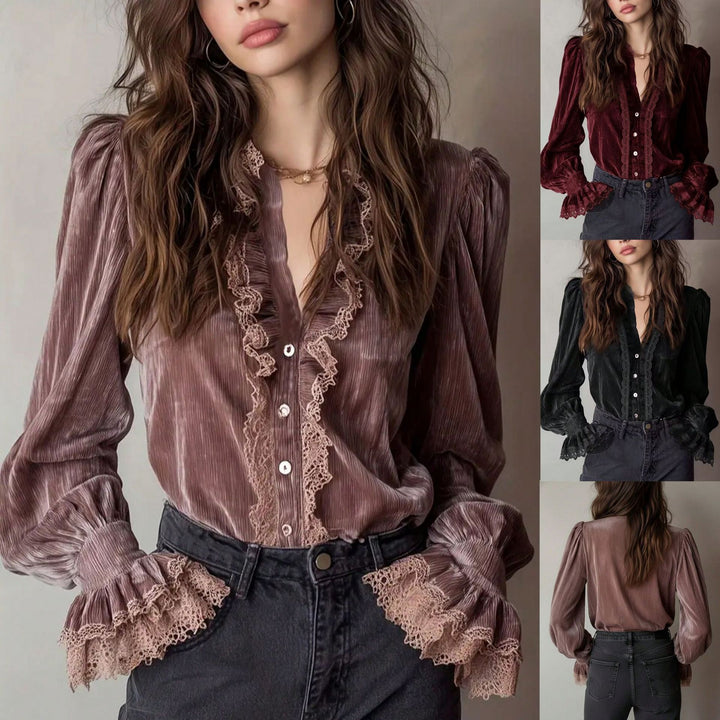 Damen Plissée-Veloursbluse mit Spitzenrüschen und Puffärmeln Echo Archiv