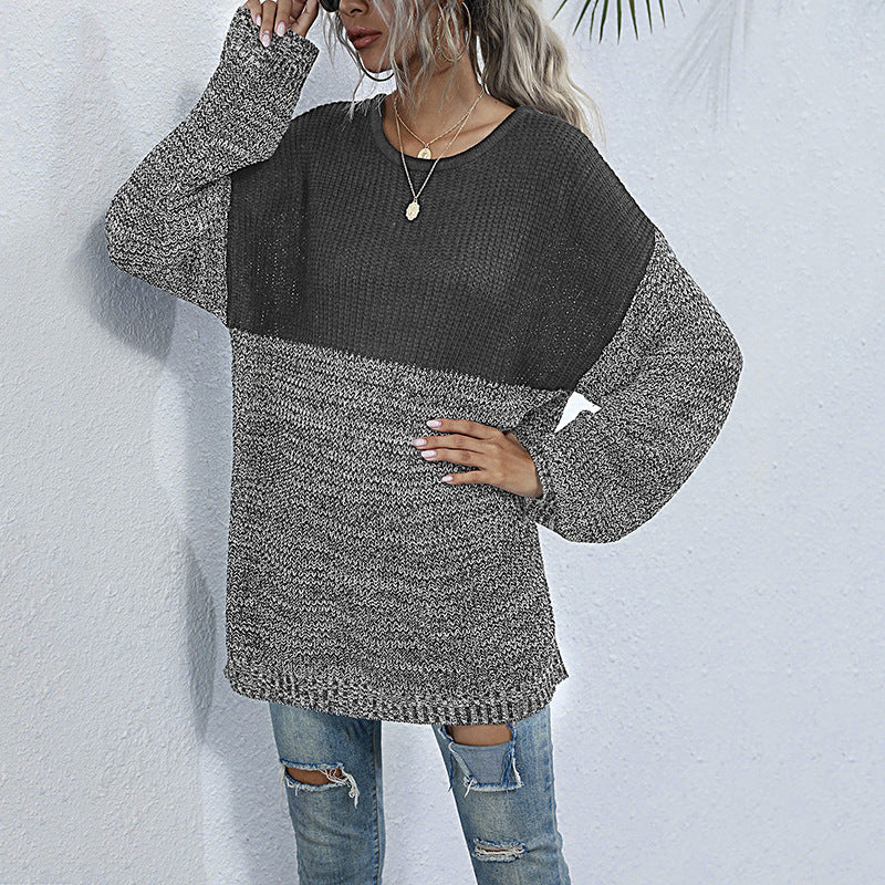 Damen Oversize-Strickpullover im Melange-Blockdesign mit Rundhalsausschnitt & verlängertem Saum Echoarchiv