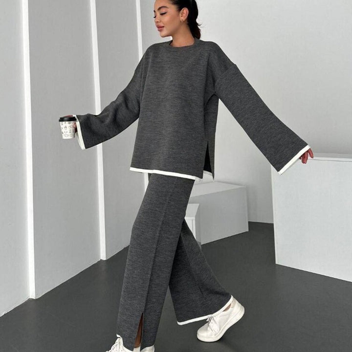 Damen Lässiges Strick-Relax-Set mit weitem Oversize-Pullover und ausgestellter Schlaghose Echoarchiv