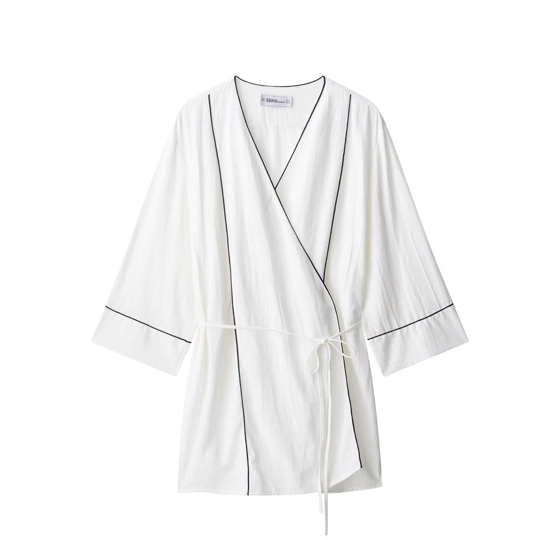 Damen Kimono-Cardigan mit Bindegürtel und Kontrastpaspel Echo Archiv