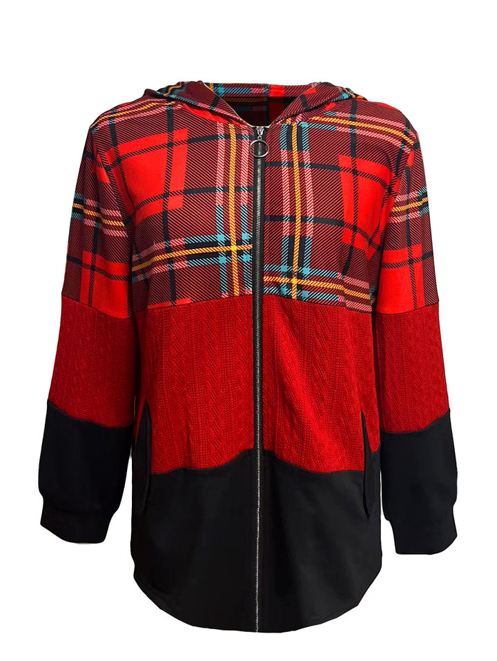 Damen nan lange Kapuzenjacke im Patchwork-Stil mit Karo‑ und Strickeinsätzen, Frontreißverschluss und Eingrifftaschen Echo Archiv