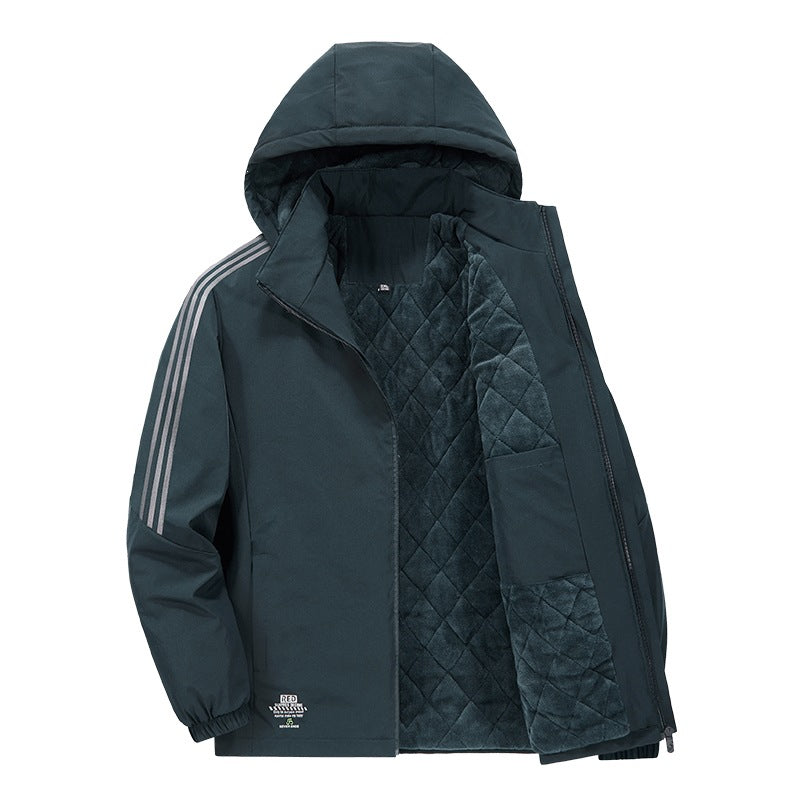 Herren Wattierte Kapuzen-Übergangsjacke mit gesteppter Teddy-Innenfütterung und markanten Ärmellängsstreifen Echoarchiv