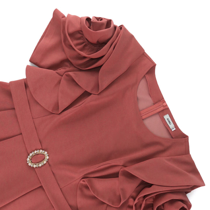 Damen Elegantes Midi-Kleid mit voluminösen Rüschenärmeln und funkelndem Schmuckdetail Echo Archiv