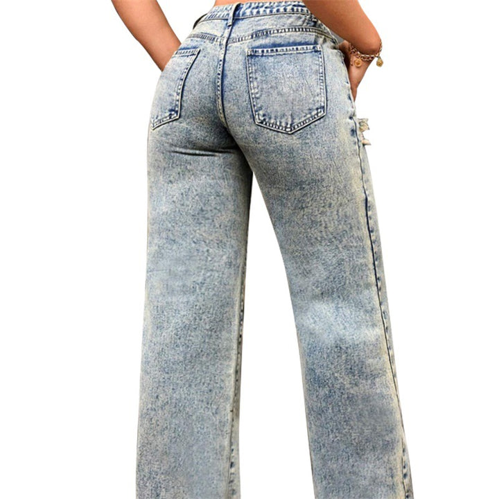 Damen High-Waist Relaxed-Jeans mit Steinwasch-Effekt und seitlichem aufgerissenem Einsatz Echo Archiv