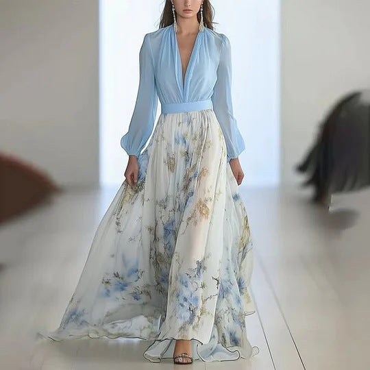 Damen nan fließendes Chiffon-Maxikleid mit tiefem V-Ausschnitt, tailliertem Bund und langem Glockenrock Echo Archiv