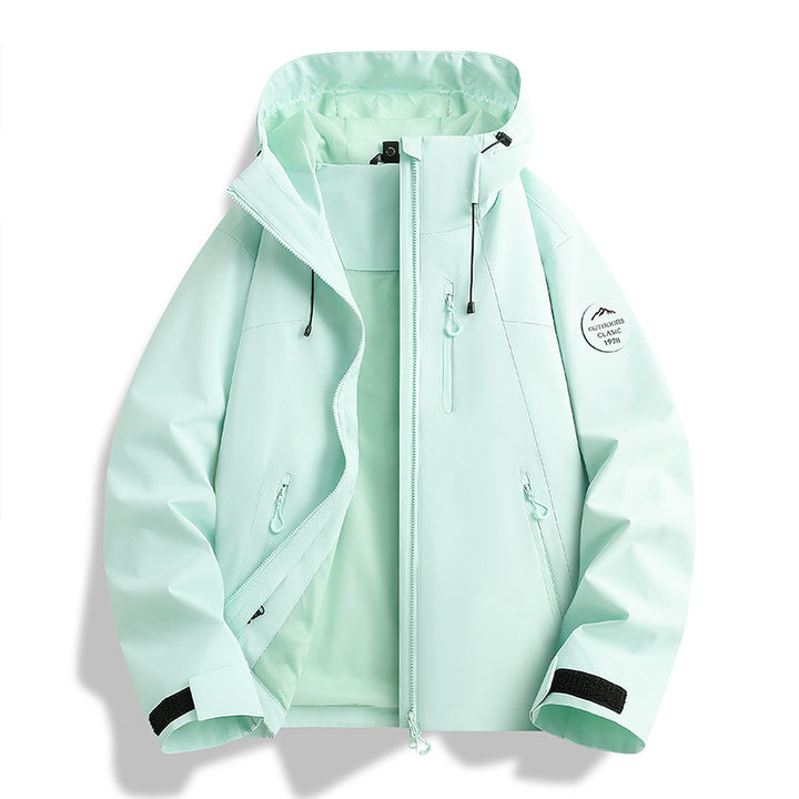 Damen Leichte wasserdichte Kapuzenjacke mit Teddy‑Charm und verdeckten Reißverschlusstaschen Echoarchiv