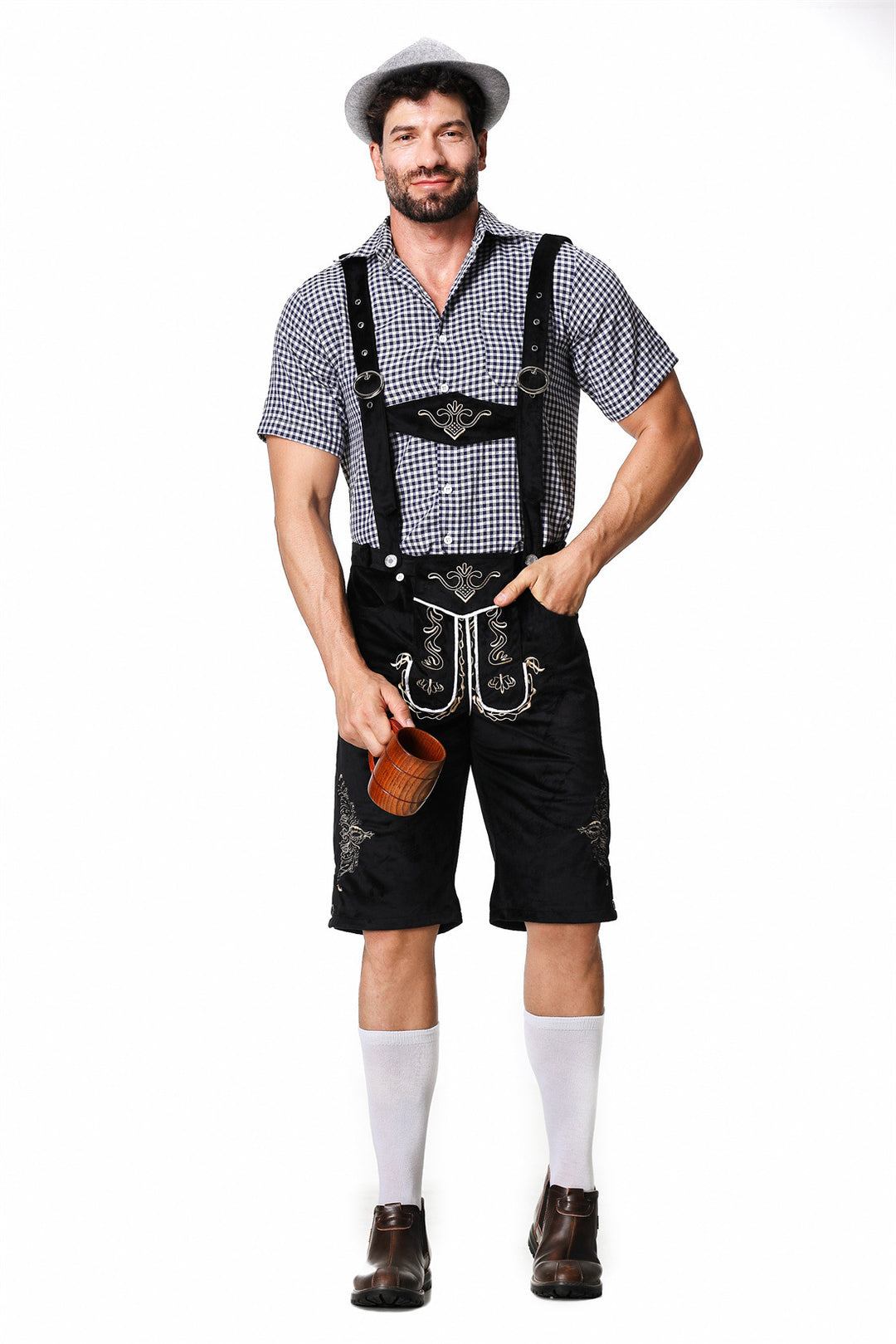 Herren nan authentische Trachtenlederhose kurz mit verstellbaren Trägern und aufwendiger Stickerei Echo Archiv