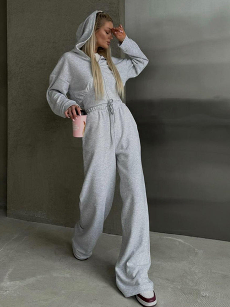 Damen nan zweiteiliges Cropped Hoodie-Set mit weitem Bundhose-Schnitt und tailliertem Reißverschluss Echo Archiv