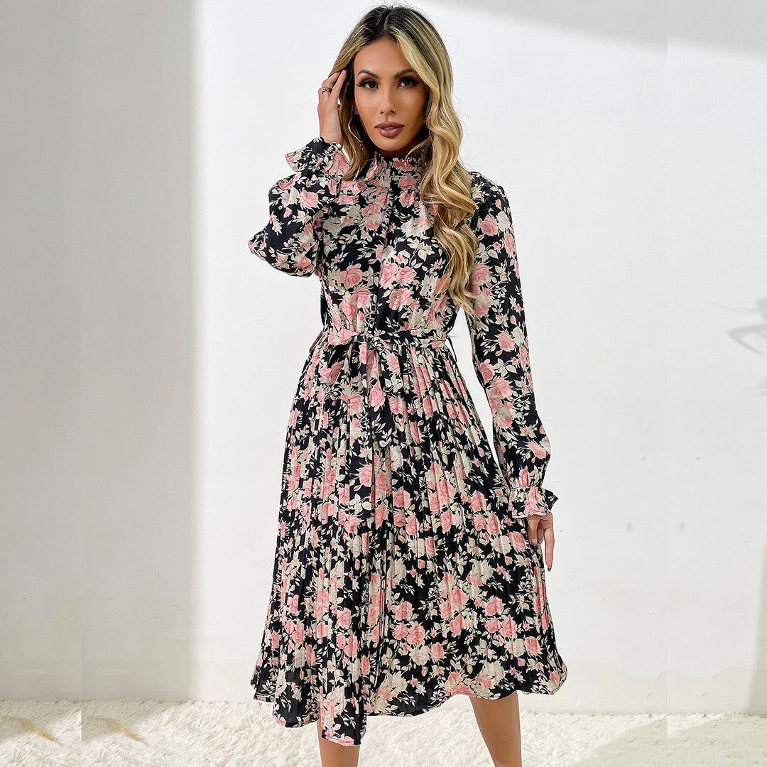 Damen Midikleid mit Blumenprint, Plissée‑Rock, Stehkragen und Bindegürtel Echoarchiv