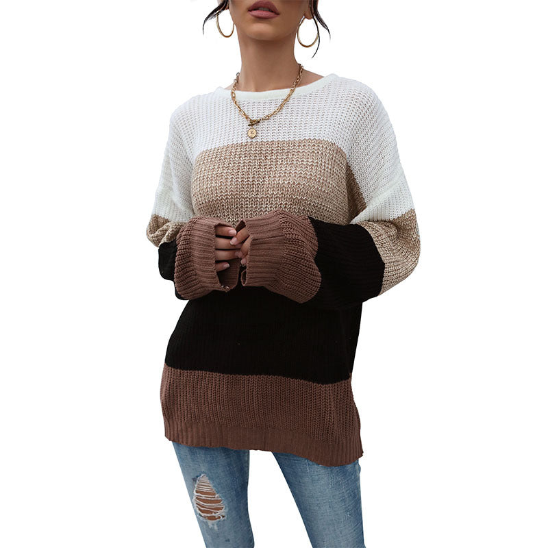 Damen Lässiger Farbblock-Strickpullover mit offener Maschenstruktur und Rundhalsausschnitt Echoarchiv