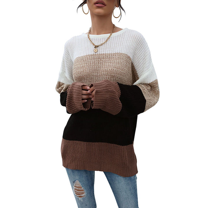 Damen Lässiger Farbblock-Strickpullover mit offener Maschenstruktur und Rundhalsausschnitt Echoarchiv