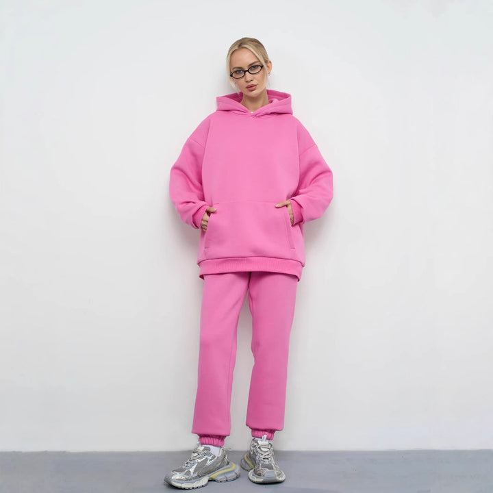 Damen lässiges Kapuzen-Sweatset aus schwerer Baumwollfleece mit Kängurutasche und gerader Jogginghose – Auréline