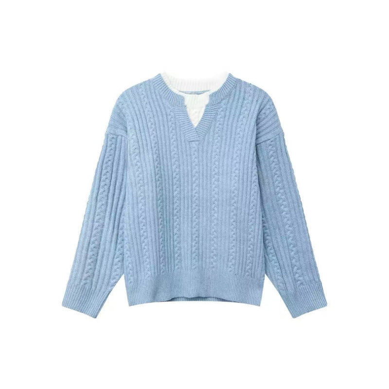 Damen Grobgestrickter Zopfmuster-Pullover mit V‑Ausschnitt und Lagen‑Optik Echoarchiv