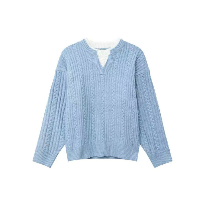 Damen Grobgestrickter Zopfmuster-Pullover mit V‑Ausschnitt und Lagen‑Optik Echoarchiv