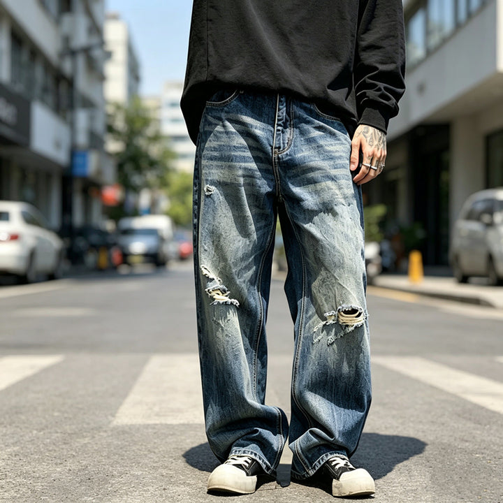 Herren Lässige Weit Geschnittene Ripped Jeans Echoarchiv