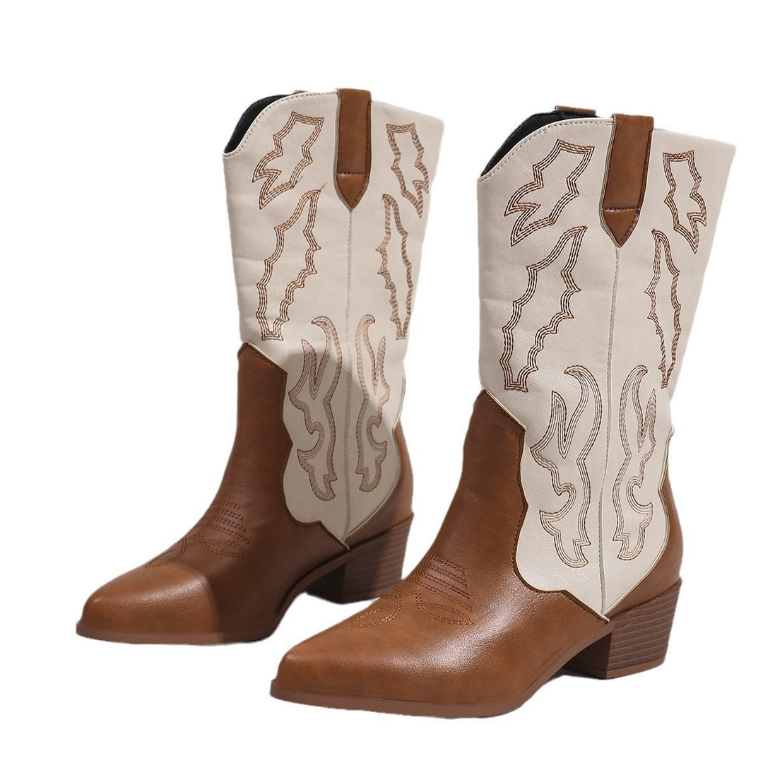 Damen nan Cowboystiefel im Westernstil mit mittelhohem Blockabsatz spitzer Zehenkappe und dekorativer Stickerei Echo Archiv