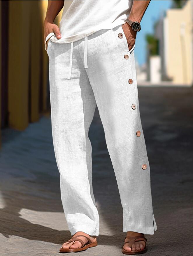 Herren Leinenhose mit seitlichen Knopfdetails und lockerer Passform Echoarchiv