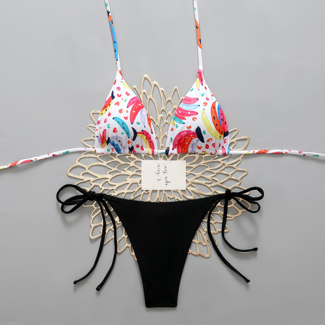 Damen Triangel-Bikini mit buntem Fruchtmuster und femininen Schleifen Echo Archiv