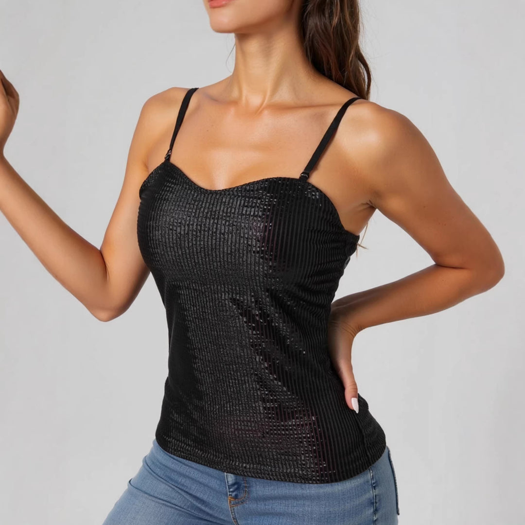 Damen elegantes Spaghettiträgershirt mit luxuriösem Paillettenbesatz und feinem Rippstrick Echo Archiv