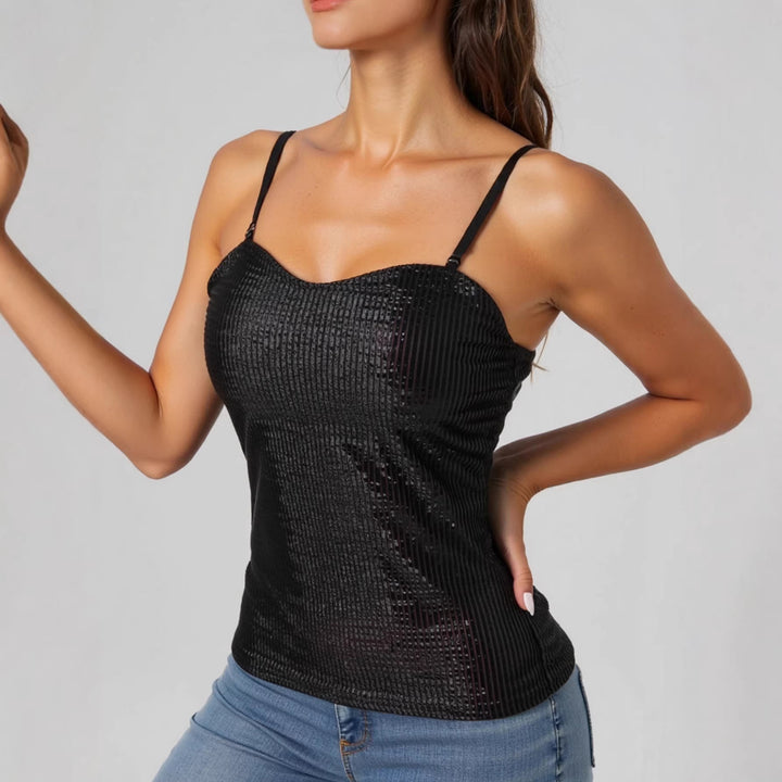 Damen elegantes Spaghettiträgershirt mit luxuriösem Paillettenbesatz und feinem Rippstrick Echo Archiv