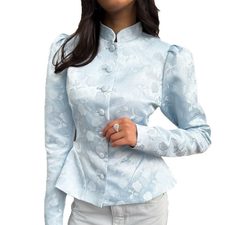 Damen Taillierter Jacquard-Blazer mit Stehkragen, Puffärmeln und Schößchen Echoarchiv