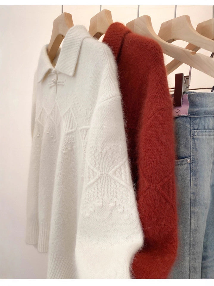 Damen Polokragen-Pullover im Mohair‑Look mit Ajour‑Zopfmuster, überschnittener Schulter und weiter Silhouette Echoarchiv