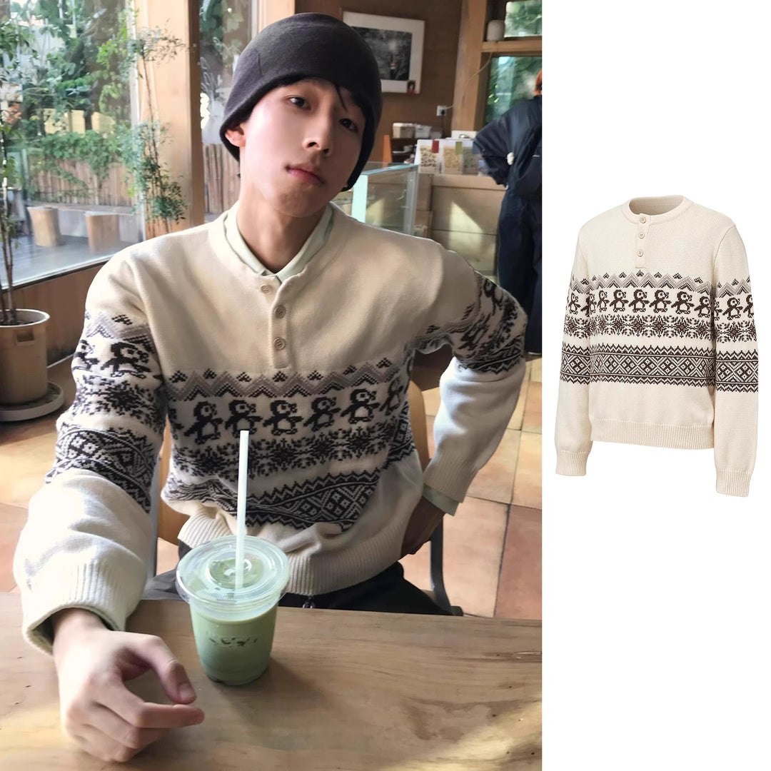 Herren Grobstrickpullover mit Knopfleiste und modernem Muster Echoarchiv