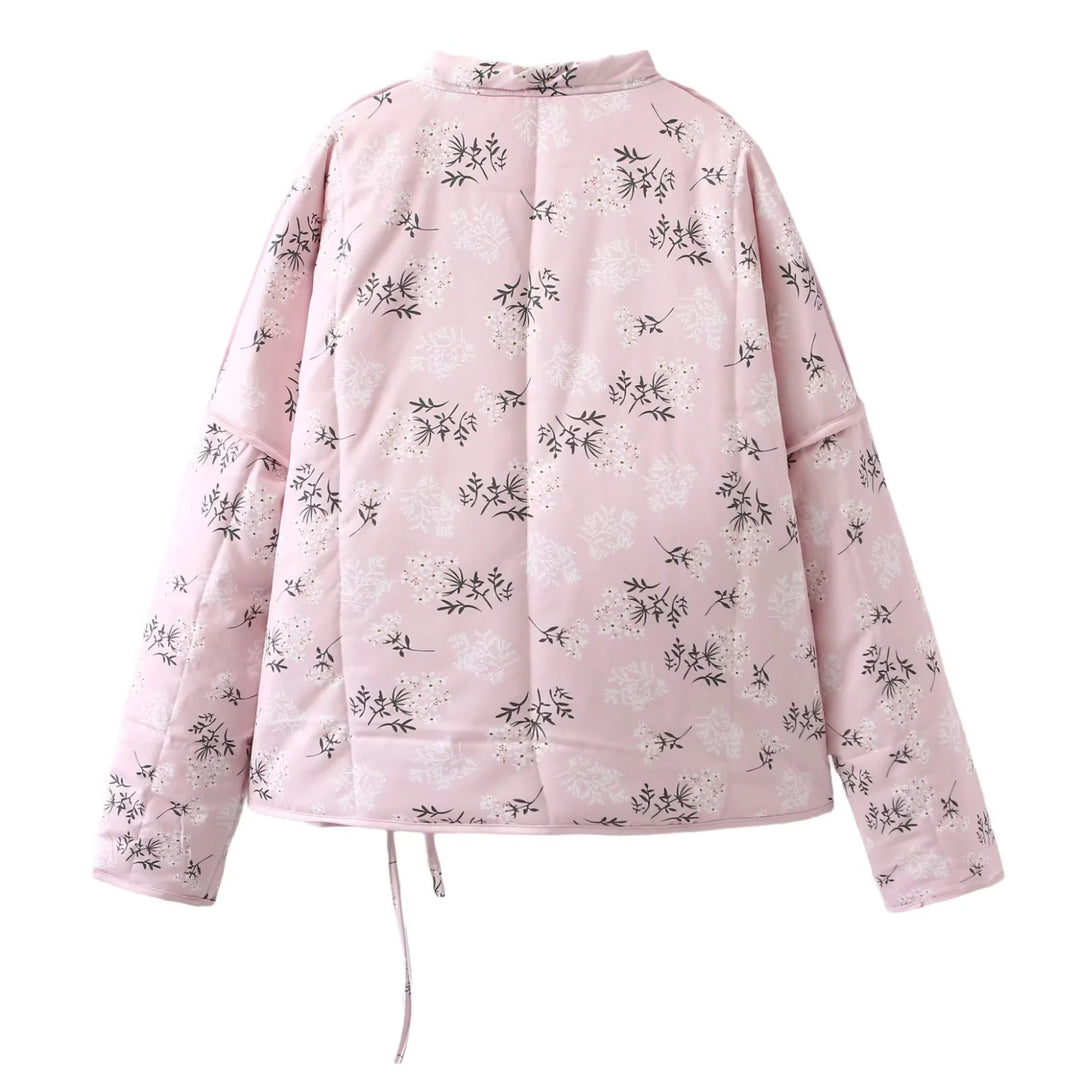 Damen wattierte Kimono-Übergangsjacke mit V-Ausschnitt Taille-Bindegürtel und zartem Blumenallover – Célinea