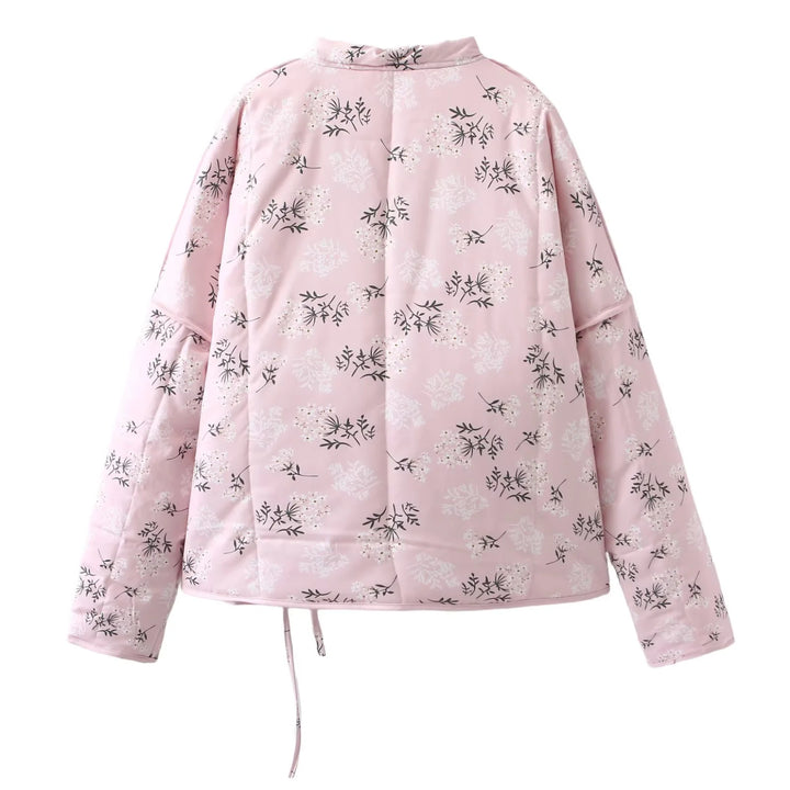 Damen wattierte Kimono-Übergangsjacke mit V-Ausschnitt Taille-Bindegürtel und zartem Blumenallover – Célinea