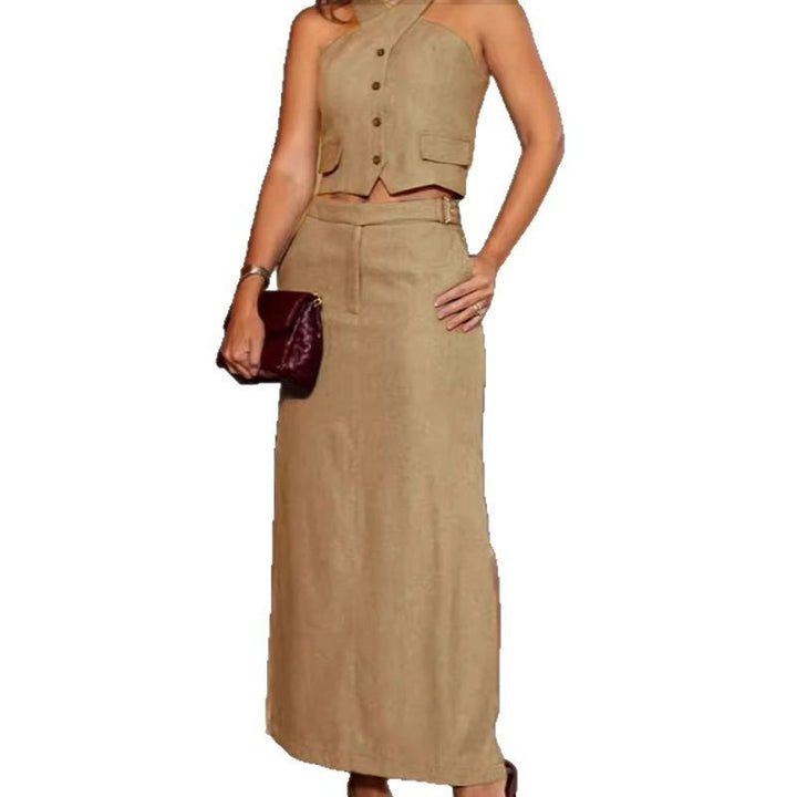 Damen nan elegantes Leinenmix-Zweiteiler-Set mit tailliertem Haltertop, Knopfdetail und hochgeschnittenem Maxirock Echo Archiv