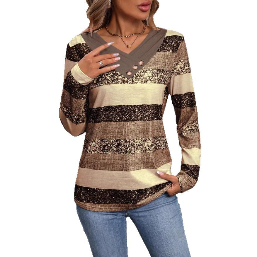 Damen Stylisches Longsleeve-Oberteil mit V-Ausschnitt und Knopfdetails Echo Archiv