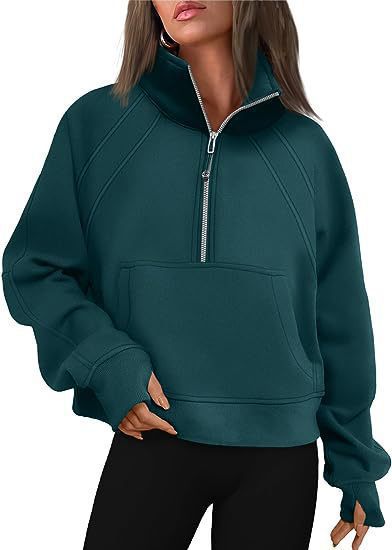 Damen nan weit geschnittenes Kurzpullover mit Stehkragen, halbem Reißverschluss und Kängurutasche Echo Archiv